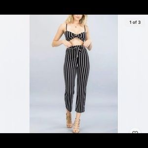 Sexy 2 Piece Black Striped Soft Tie-Front Crop Top Baggy Pants Set Vacay Resort